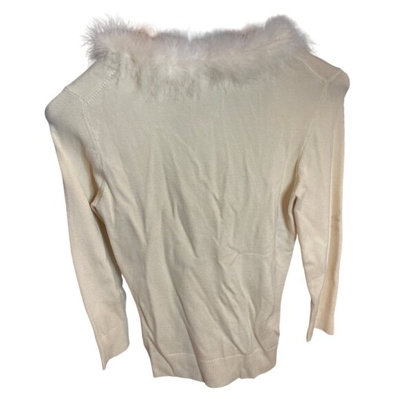 Max Studio Cream Knit Silk Blend Fitted Top with Feathery Boa Neckline Sz S - Picture 2 of 9